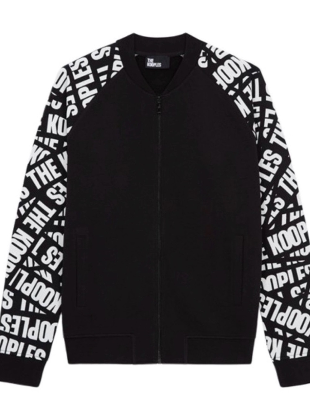 NWT The Kooples Black Bomber Jacket with White Logo-Print Sleeves